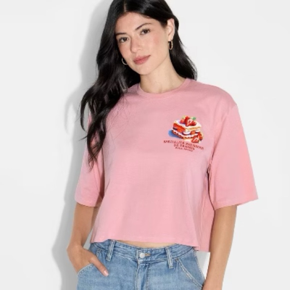 Women's Patisserie Paris Boxy Cropped Short Sleeve Graphic T-Shirt Pink L